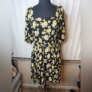 Maison Tara Floral Square Neck Belted Black Pleated Dress Size 8